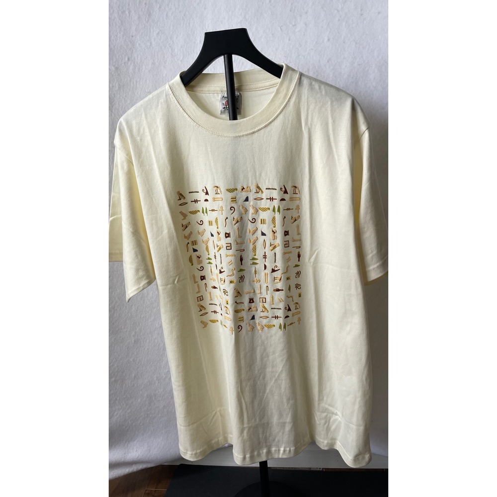 Funky BROS Mens XL Egyptian Hieroglyphics T-Shirt Cream Cotton Made in Egypt